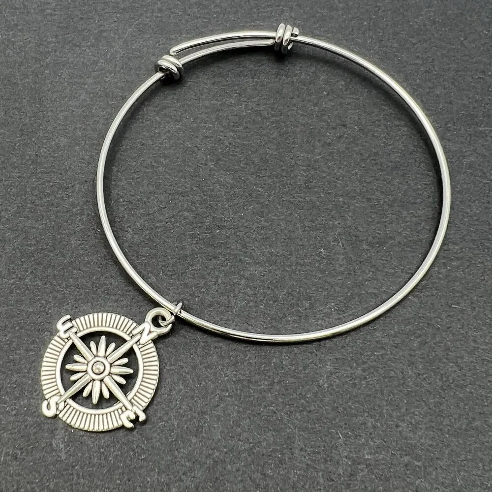 Silver Tone Bangle Bracelet Compass Direction Goals Travel Adjustable One Size
